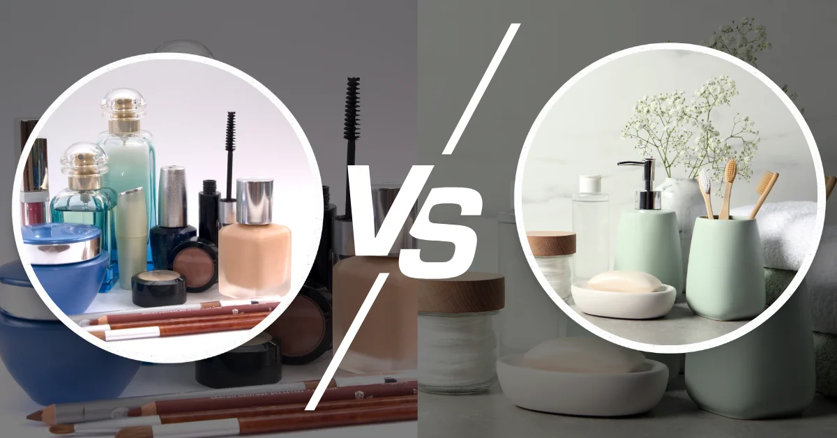 Visual comparison of cosmetic products like makeup and fragrances alongside personal care items such as shampoo and soap, illustrating the distinction between appearance-enhancing cosmetics and hygiene-focused personal care products.