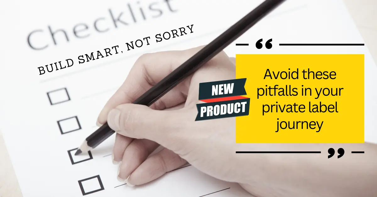 Illustration of private label brand planning with checklist and packaging samples, highlighting common mistakes to avoid when launching a skincare or beauty business.